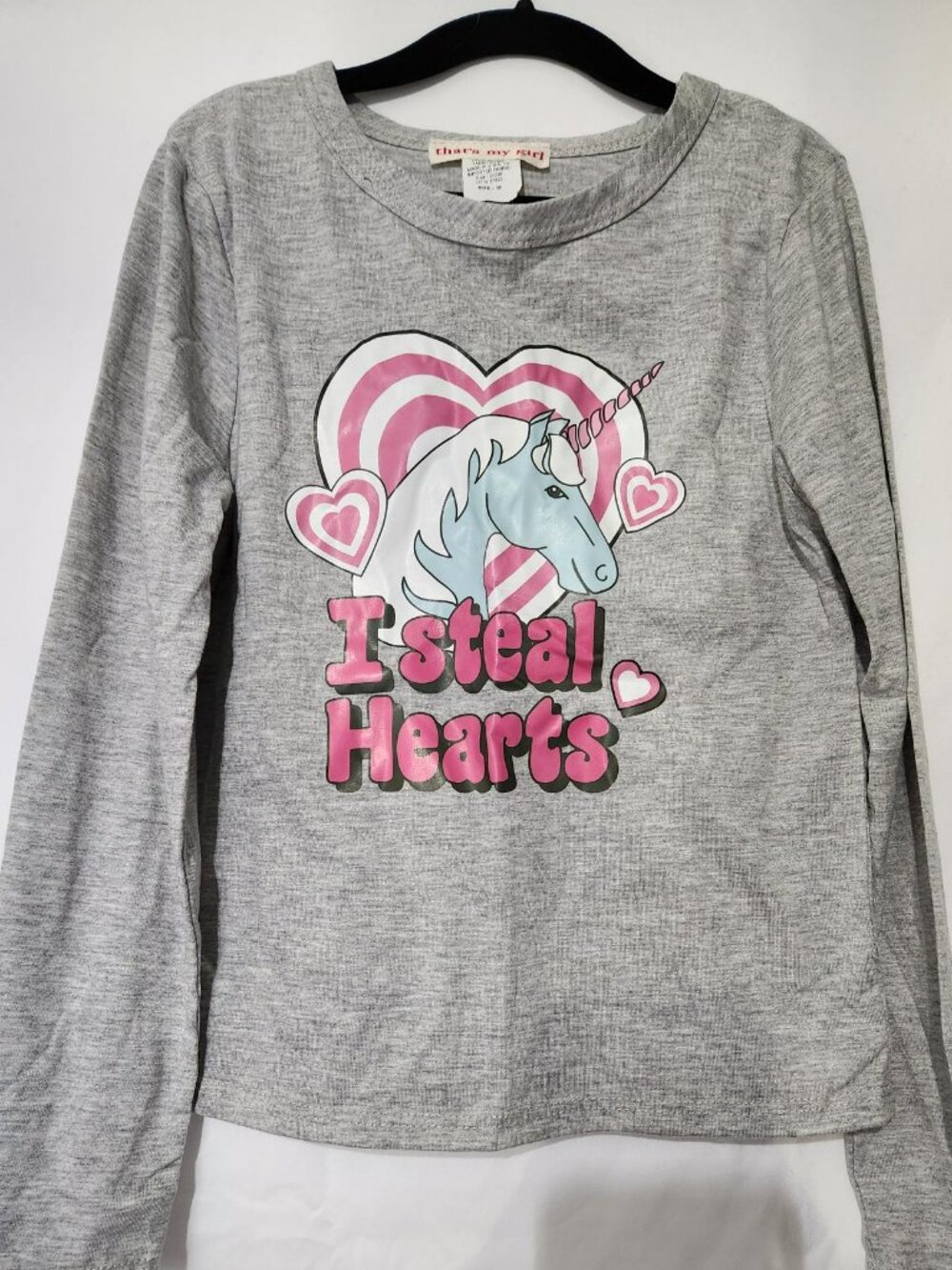 That's My Girl Unicorn Long Sleeve Tee Size 10 I Steal Hearts Gray Top